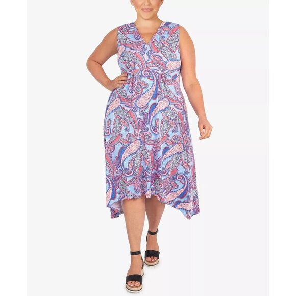 Ruby Rd Womens Plus Size 1X Asymmetrical Puff Paisley Midi Dress in Blue $73 - Picture 1 of 7